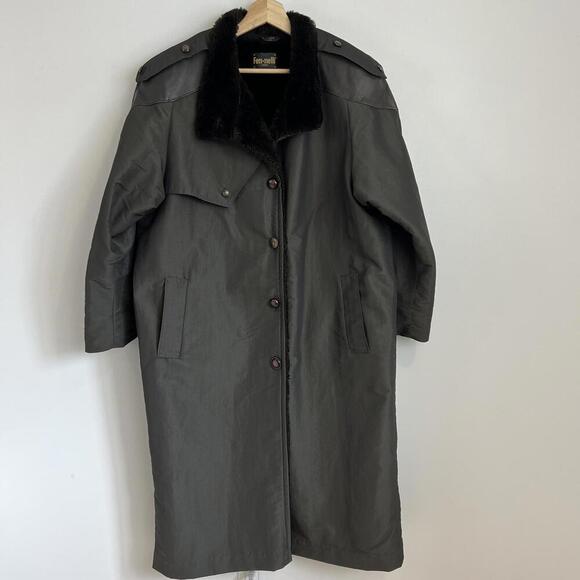 Vintage Fennelli Women's Size L XL Black Leather Faux Fur Trim Overcoat Jacket - Picture 4 of 15